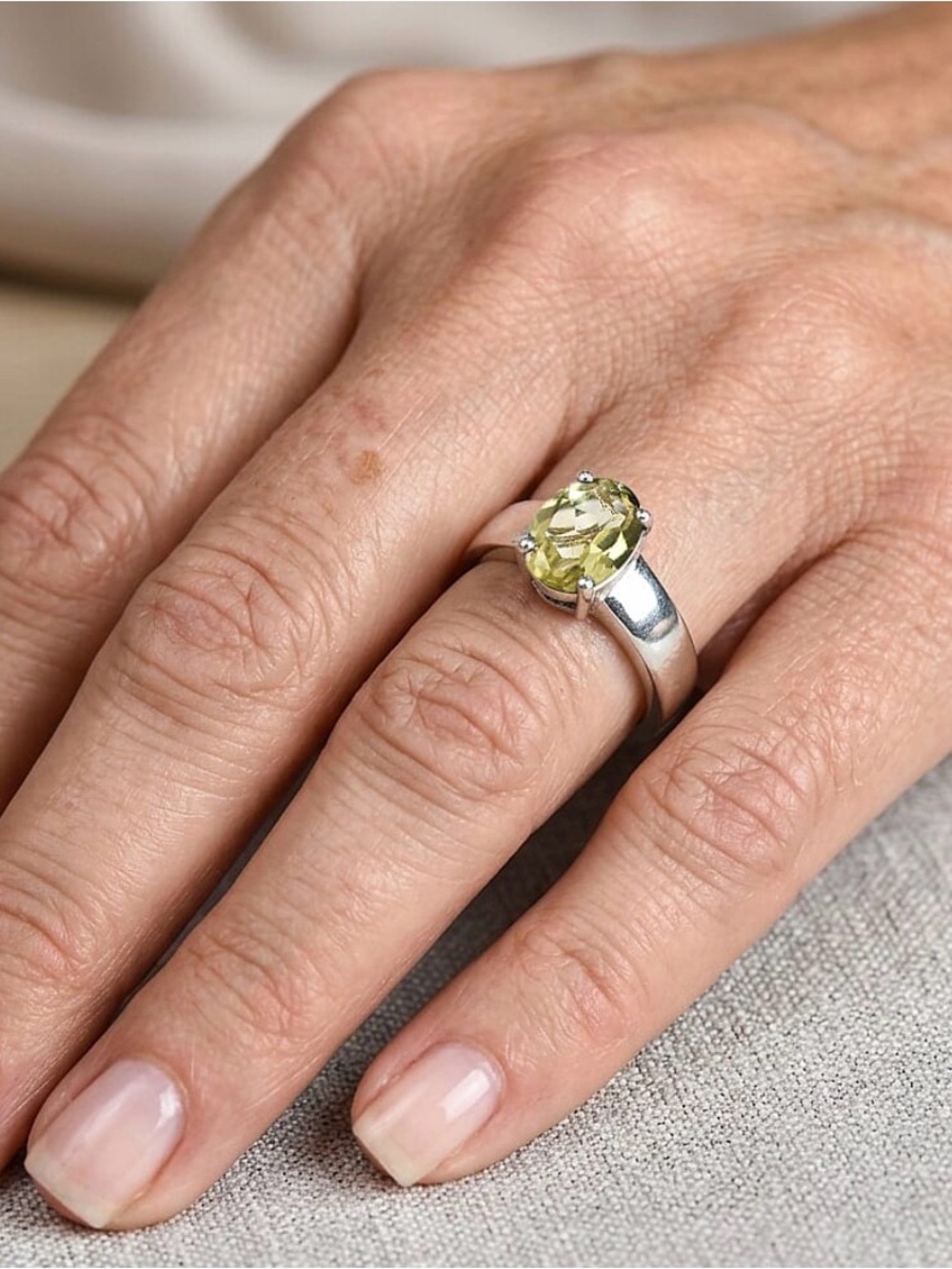 Green Gold Quartz Solitaire Ring in Sterling Silver 1.2 ctw